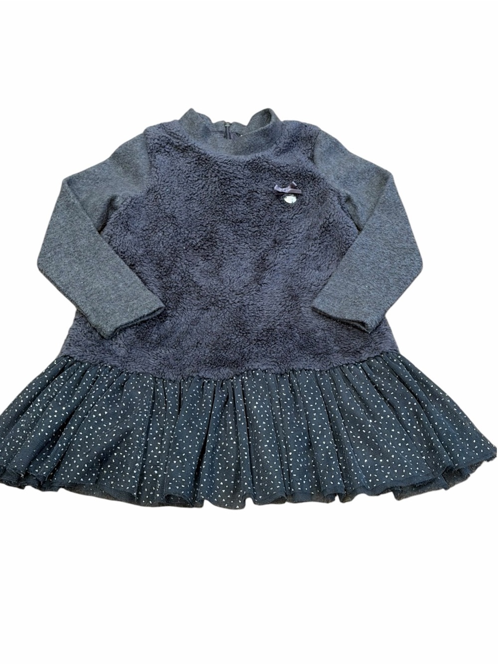 Le Chic, Charcoal Grey Faux-Fur Dress with Tulle Skirt, Size 4T